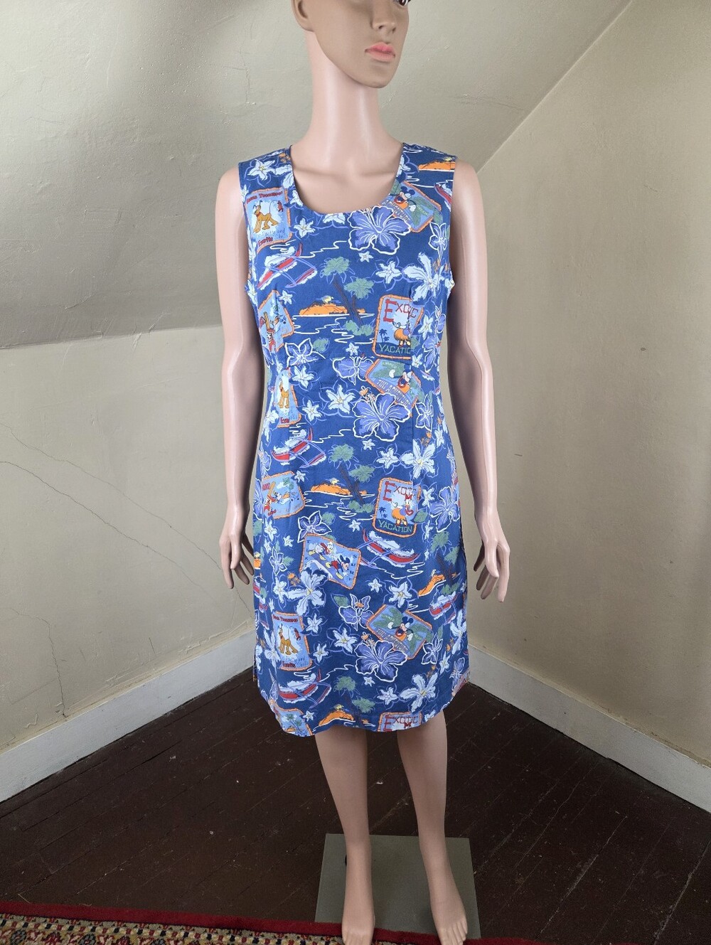 Disney Shopping Hawaiian Tropical Print Sleeveless Sheath Dress Blue Size M